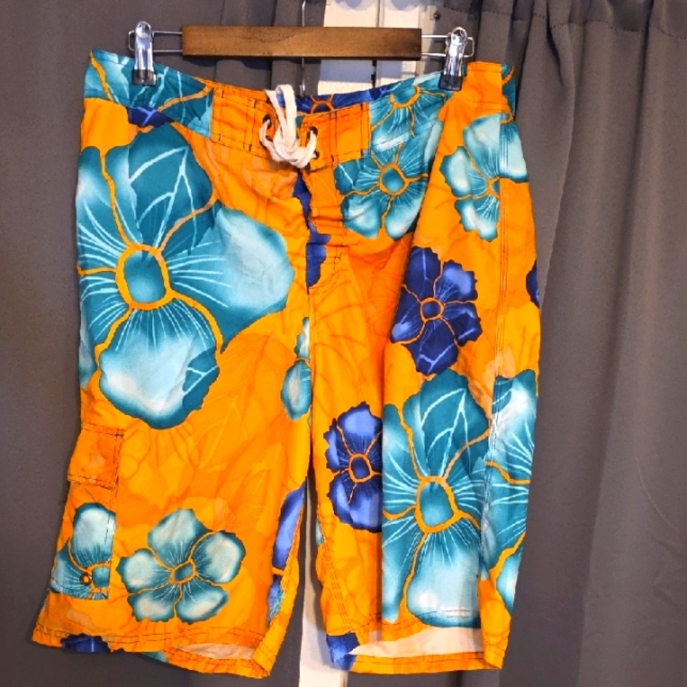 First Wave Roundtree & Yorke Mens Tropical‎ Orange Board Shorts Swim Sz 34 EUC
